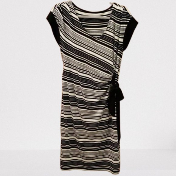 LIZ LANGE STRIPED CAP SLEEVE DRESS with side waist tie. Black White Sz L - Picture 1 of 7